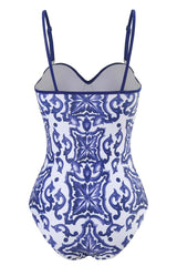 Blue and White Porcelain Printing High Waist One Piece Swimwear