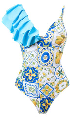 Blue Printed High Waist One Piece Swimwear