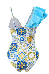 Blue Printed High Waist One Piece Swimwear