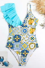 Blue Printed High Waist One Piece Swimwear