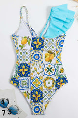 Blue Printed High Waist One Piece Swimwear