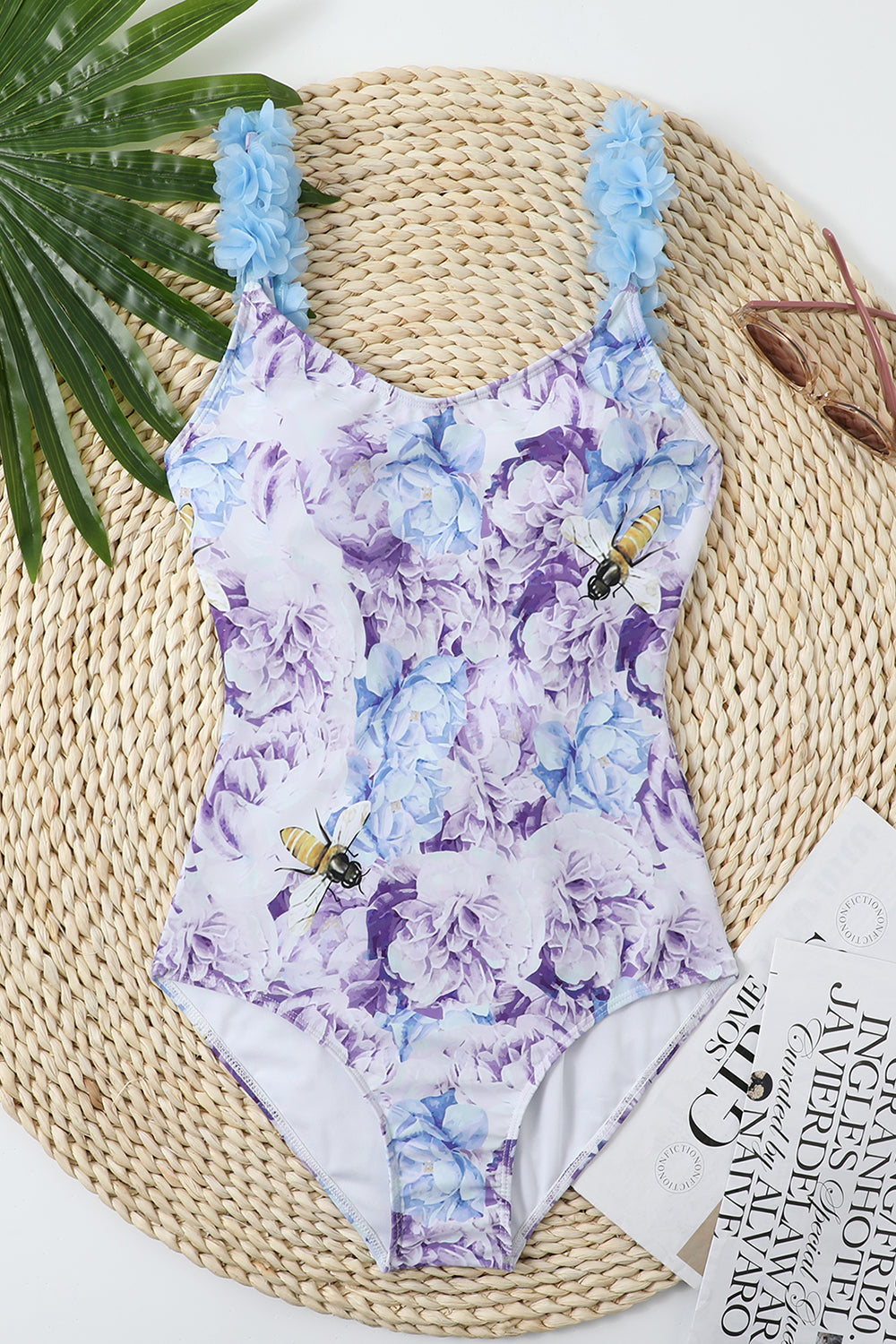 Blue Printed High Waist One Piece Swimwear with Flowers