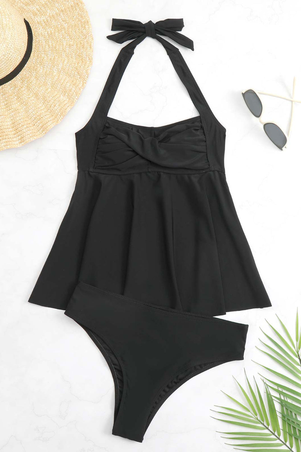 Black Halter Two Piece Front Cross Swimwear