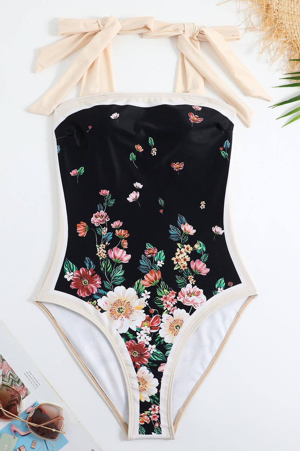 Vintage Printed Black One Piece Swimwear Set with Beach Skirt