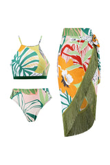 Two Piece Green Printed Bikini Set with Beach Skirt