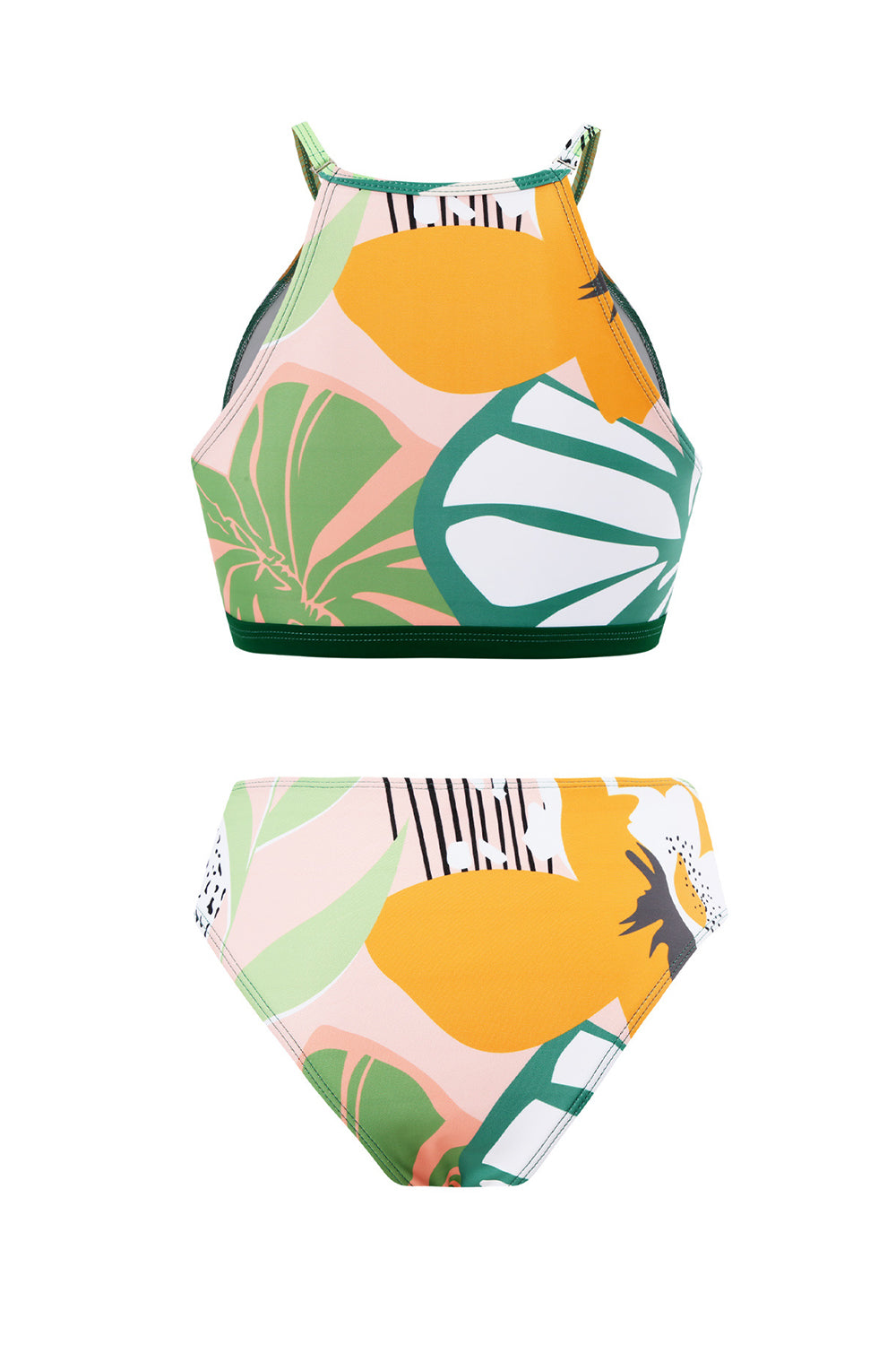 Two Piece Green Printed Bikini Set with Beach Skirt