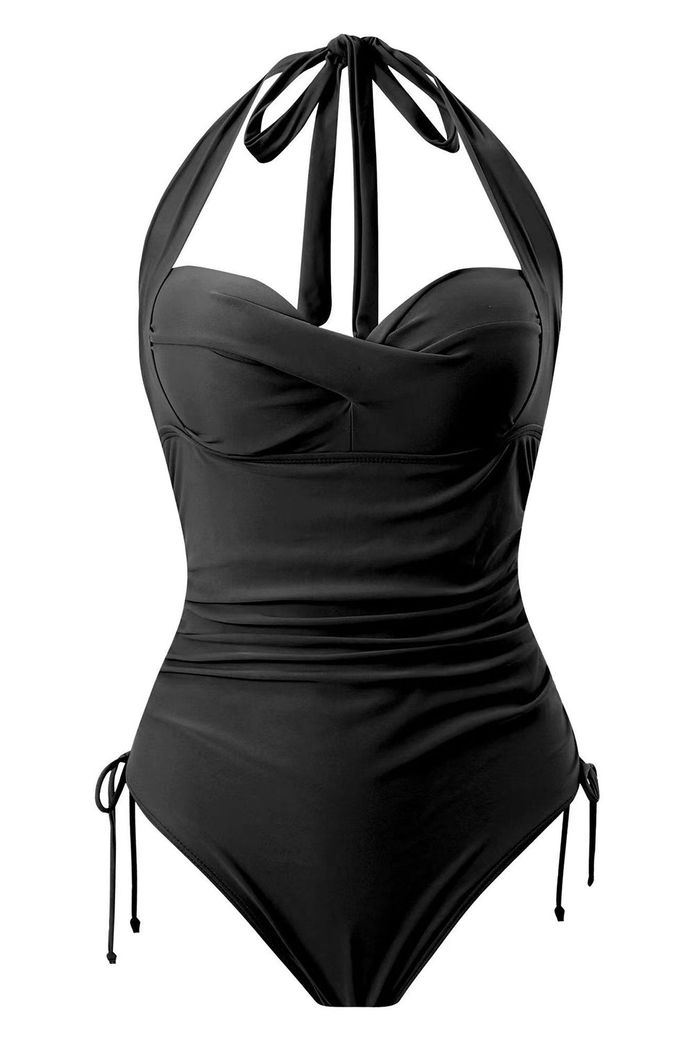 Traje de baño de una pieza negro con cuello halter y cordón ajustable