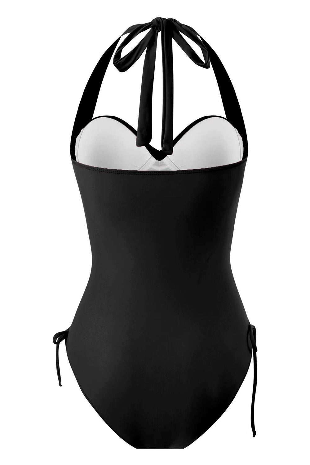 Traje de baño de una pieza negro con cuello halter y cordón ajustable