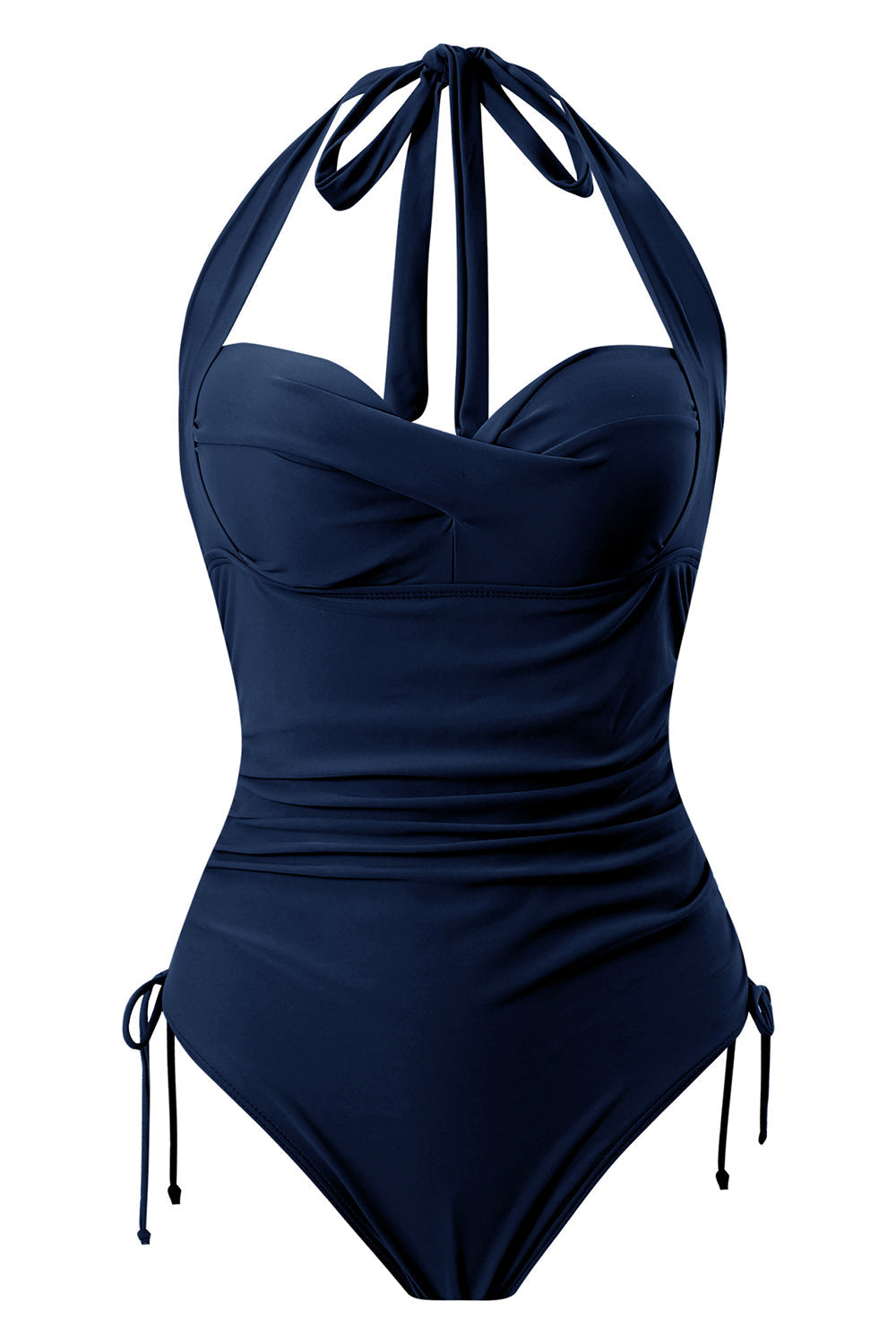 Traje de baño de una pieza negro con cuello halter y cordón ajustable