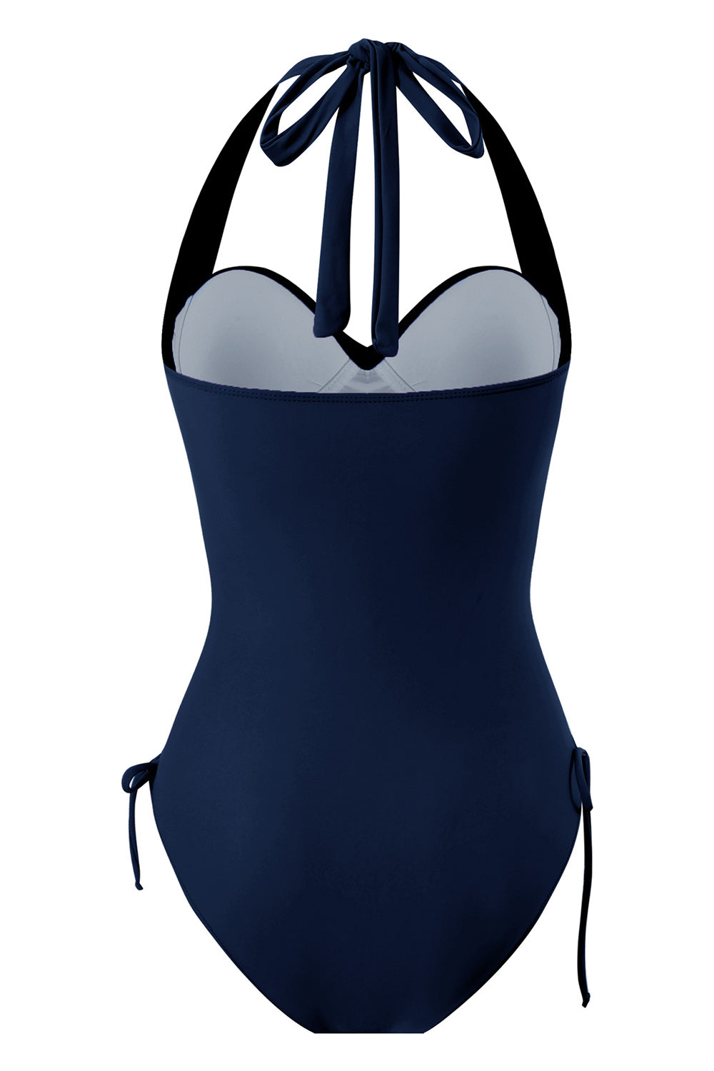 Traje de baño de una pieza negro con cuello halter y cordón ajustable