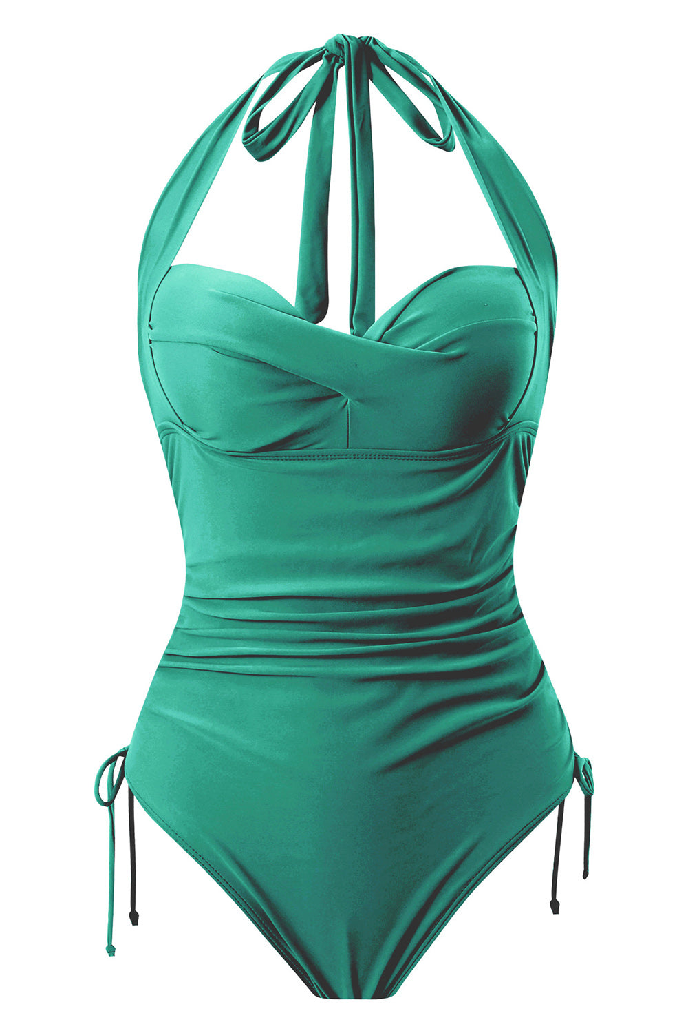 Traje de baño de una pieza negro con cuello halter y cordón ajustable