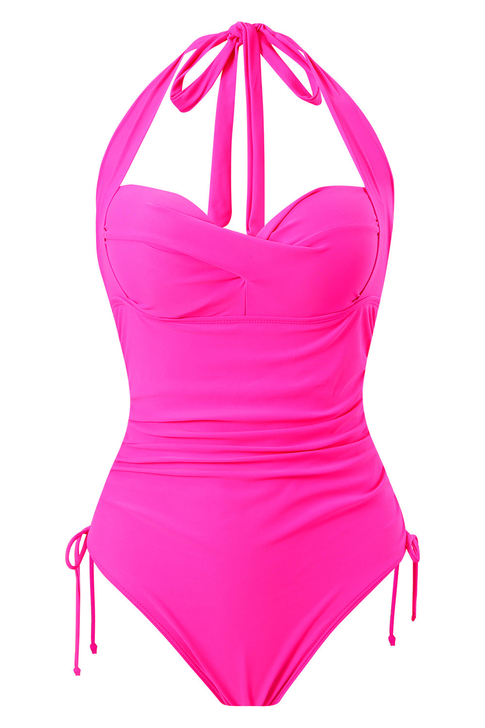Traje de baño de una pieza negro con cuello halter y cordón ajustable