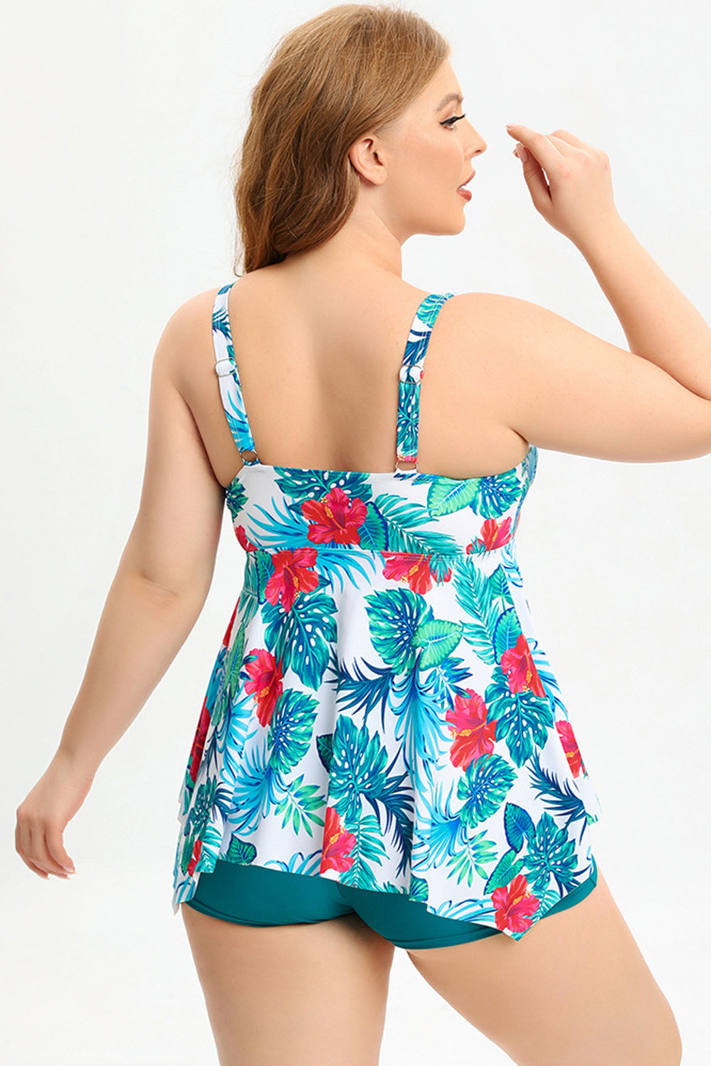 Traje de baño de dos piezas verde pavo real de talla grande con bóxer