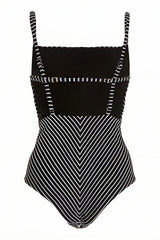 Black Stripe High Waist One Piece Swimsuit with Beach Skirt