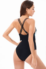 Printed V-Neck Cut Out One Piece Black Swimwear