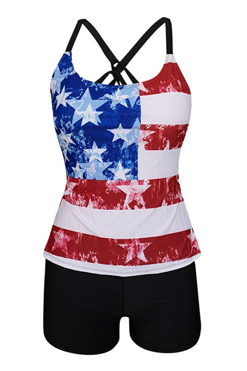 Black American Flag Printed Adjustable Strap Tankinis With Shorts