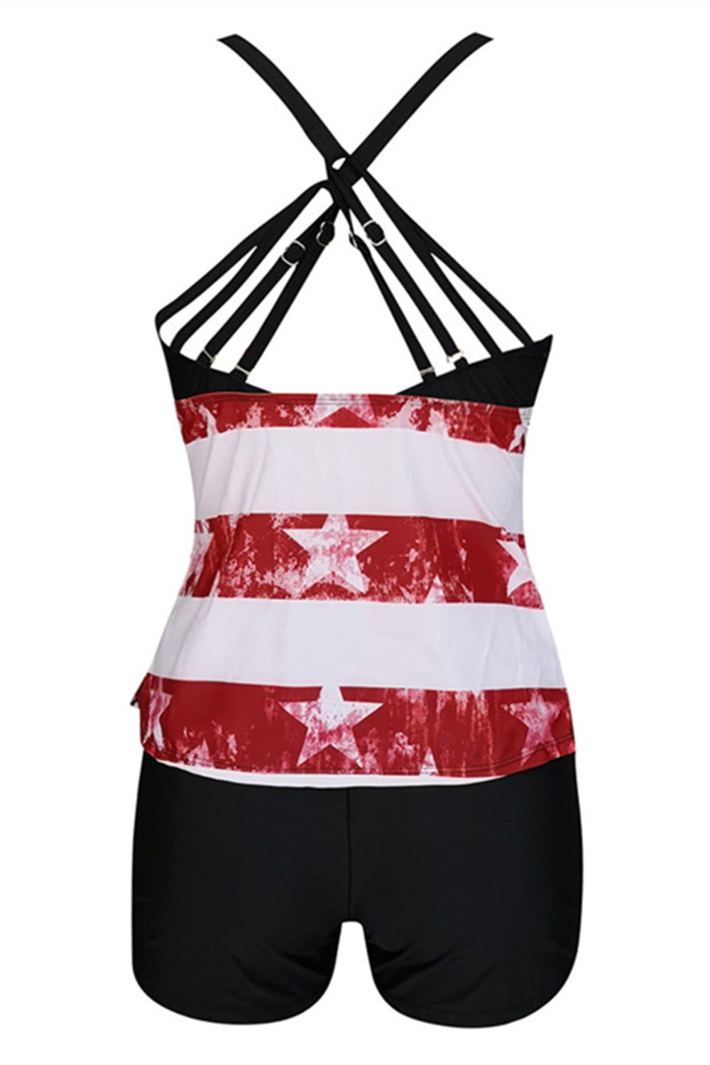 Black American Flag Printed Adjustable Strap Tankinis With Shorts