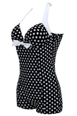 Traje de baño corto de lunares blancos y negros de talla grande