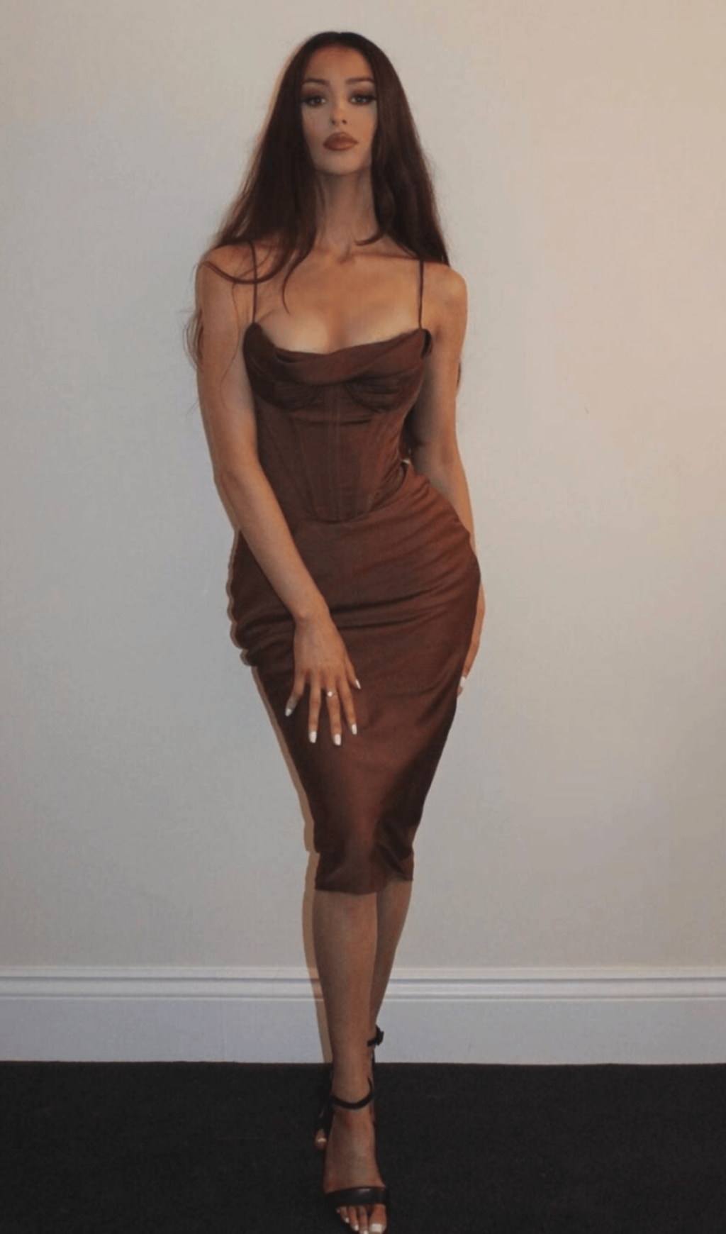 SATIN CORSET SLIP DRESS IN CHOCOLATE