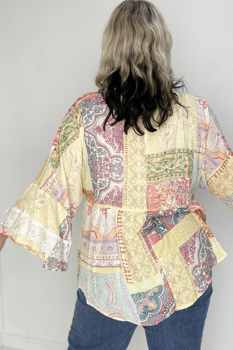 Paisley Patch Work Bell Sleeve Lace V-Neck Boho Blouse