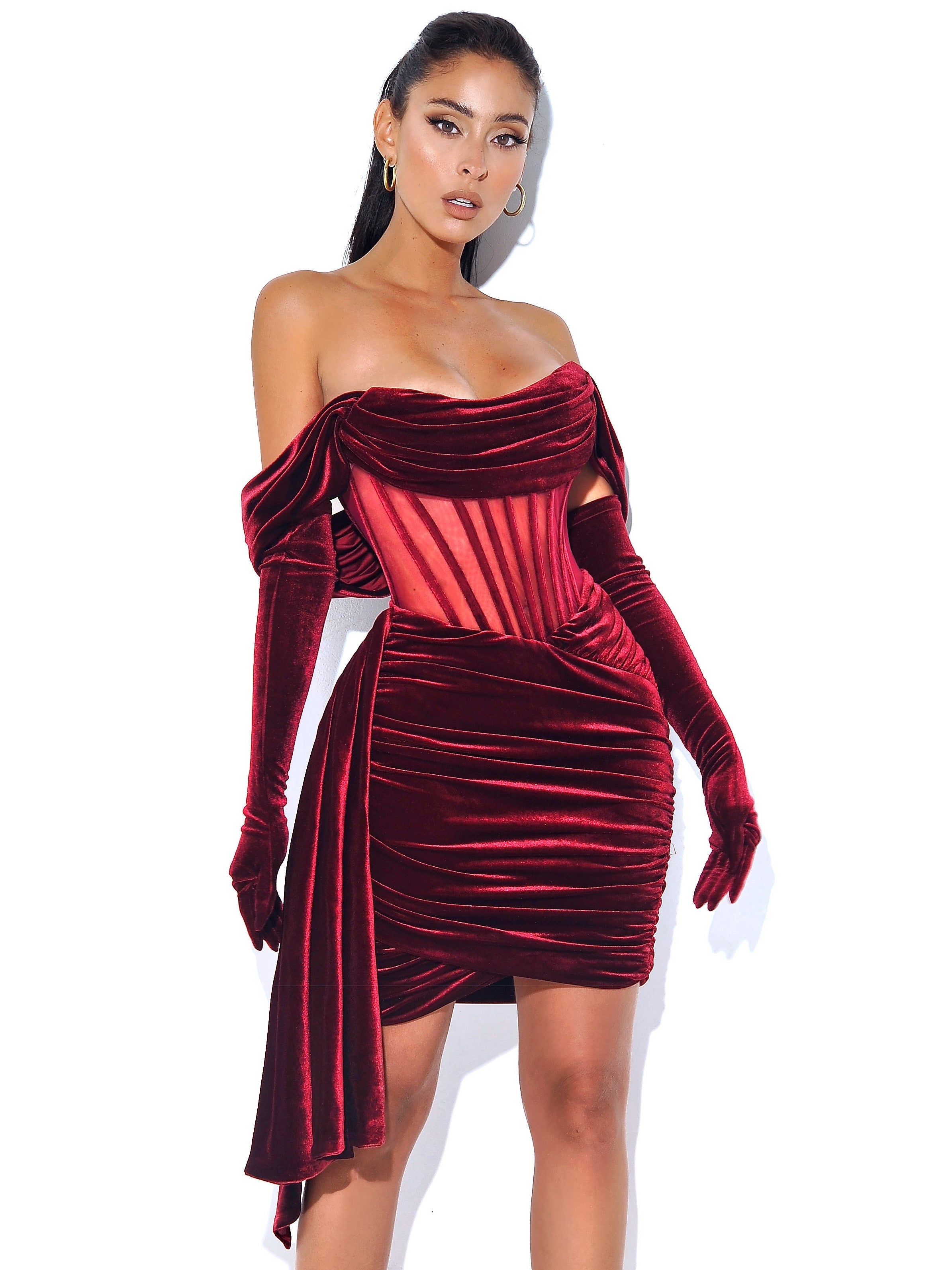 IRISA BURGUNDY DRAPING OFF SHOULDER CORSET DRESS