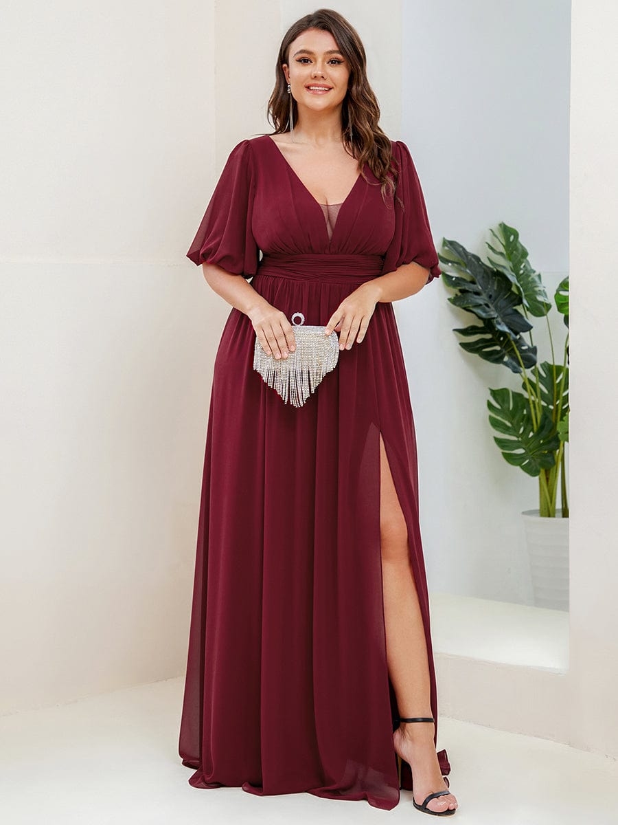 Plus Size V-Neck Front Slit Chiffon Evening Dress