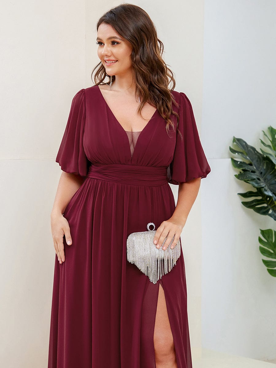 Plus Size V-Neck Front Slit Chiffon Evening Dress