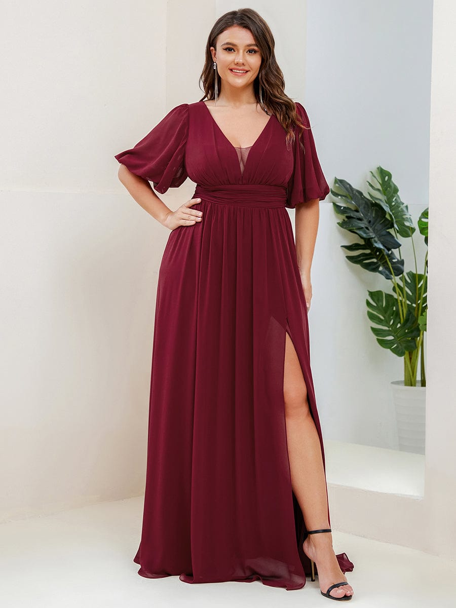 Plus Size V-Neck Front Slit Chiffon Evening Dress