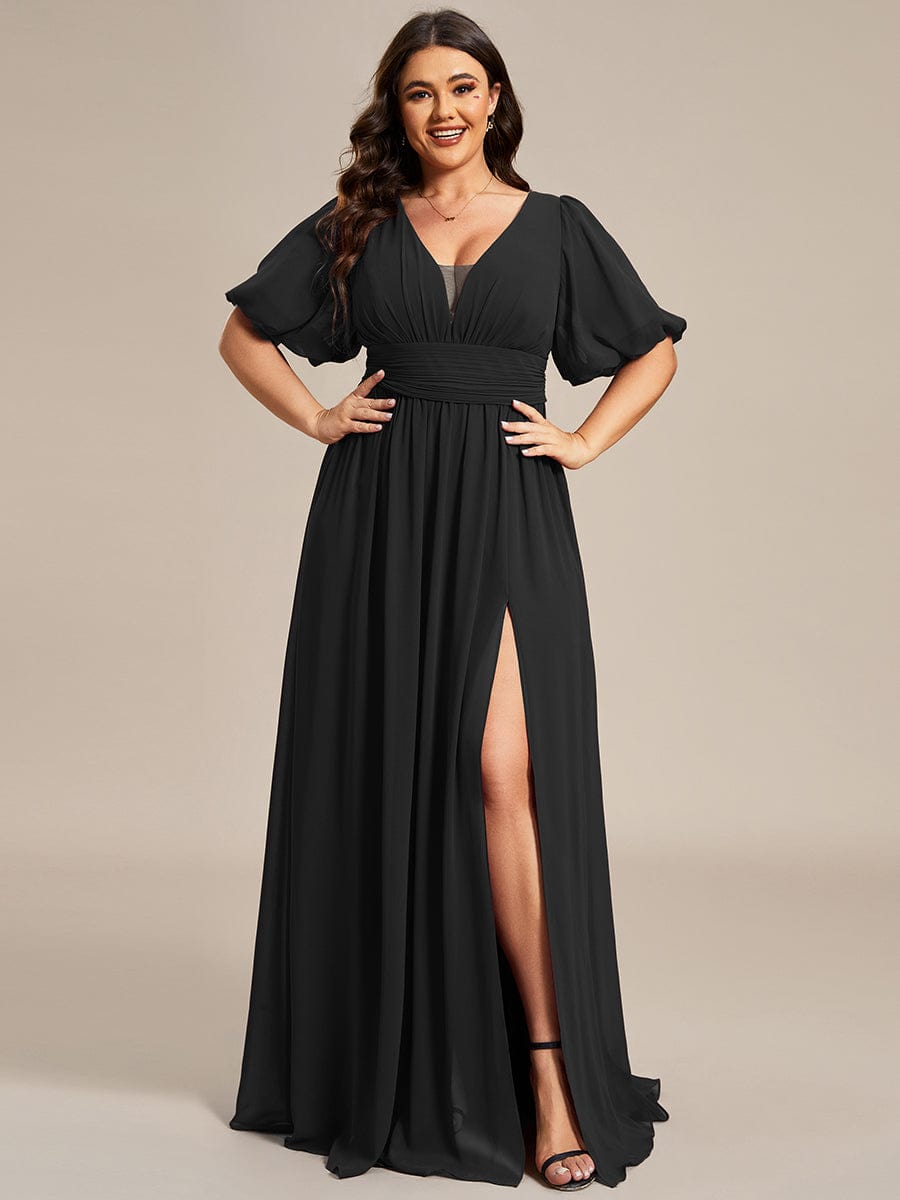 Plus Size V-Neck Front Slit Chiffon Evening Dress