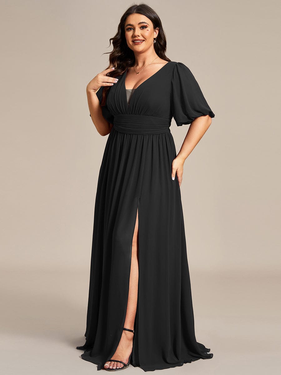 Plus Size V-Neck Front Slit Chiffon Evening Dress