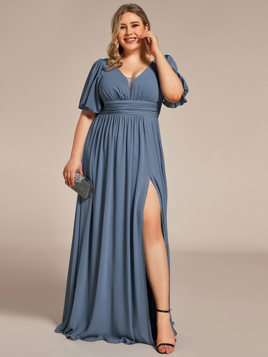 Plus Size V-Neck Front Slit Chiffon Evening Dress