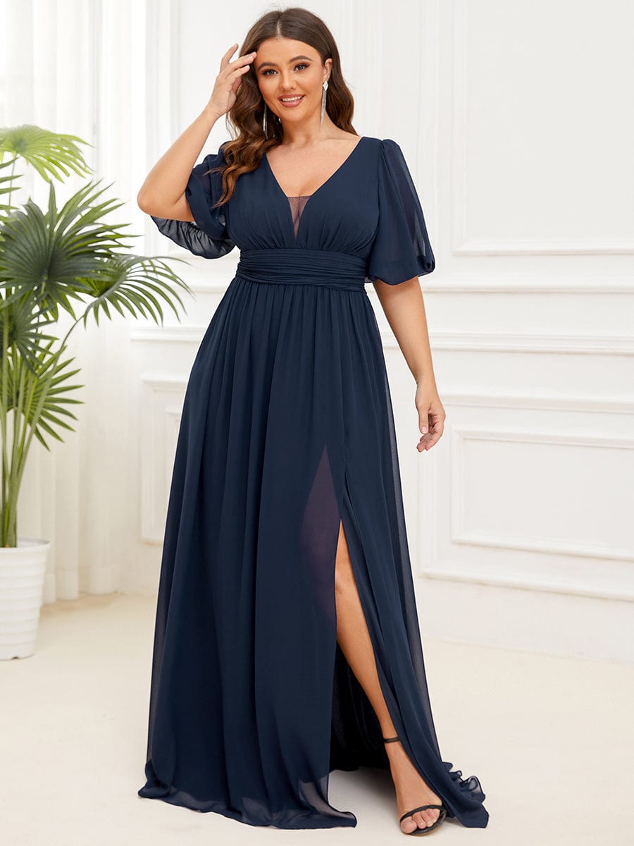 Plus Size V-Neck Front Slit Chiffon Evening Dress