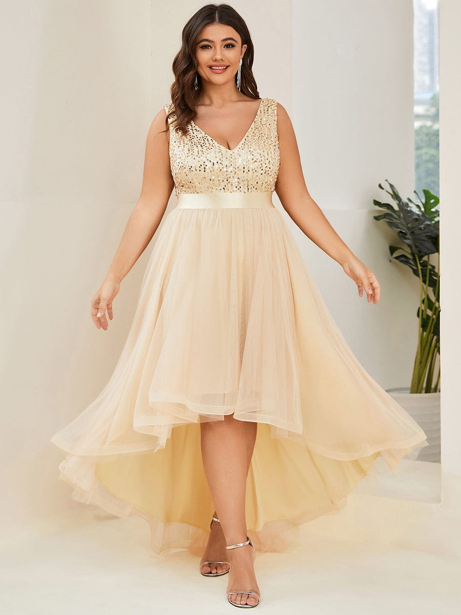 Elegant Paillette & Chiffon V-neck A-line Sleeveless Plus Size Evening Dresses