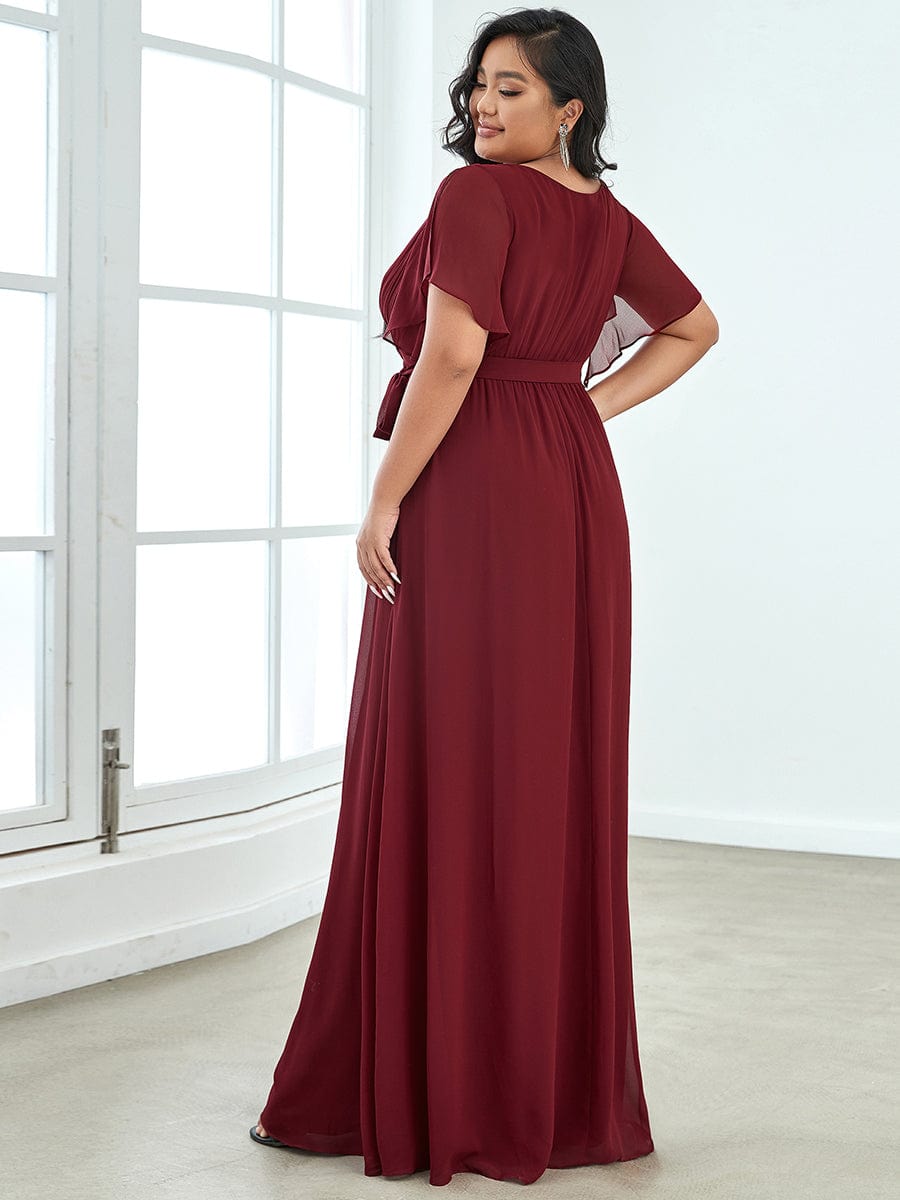 Plus Size Ruffle Pleated Chiffon Tie-Waist Evening Dress