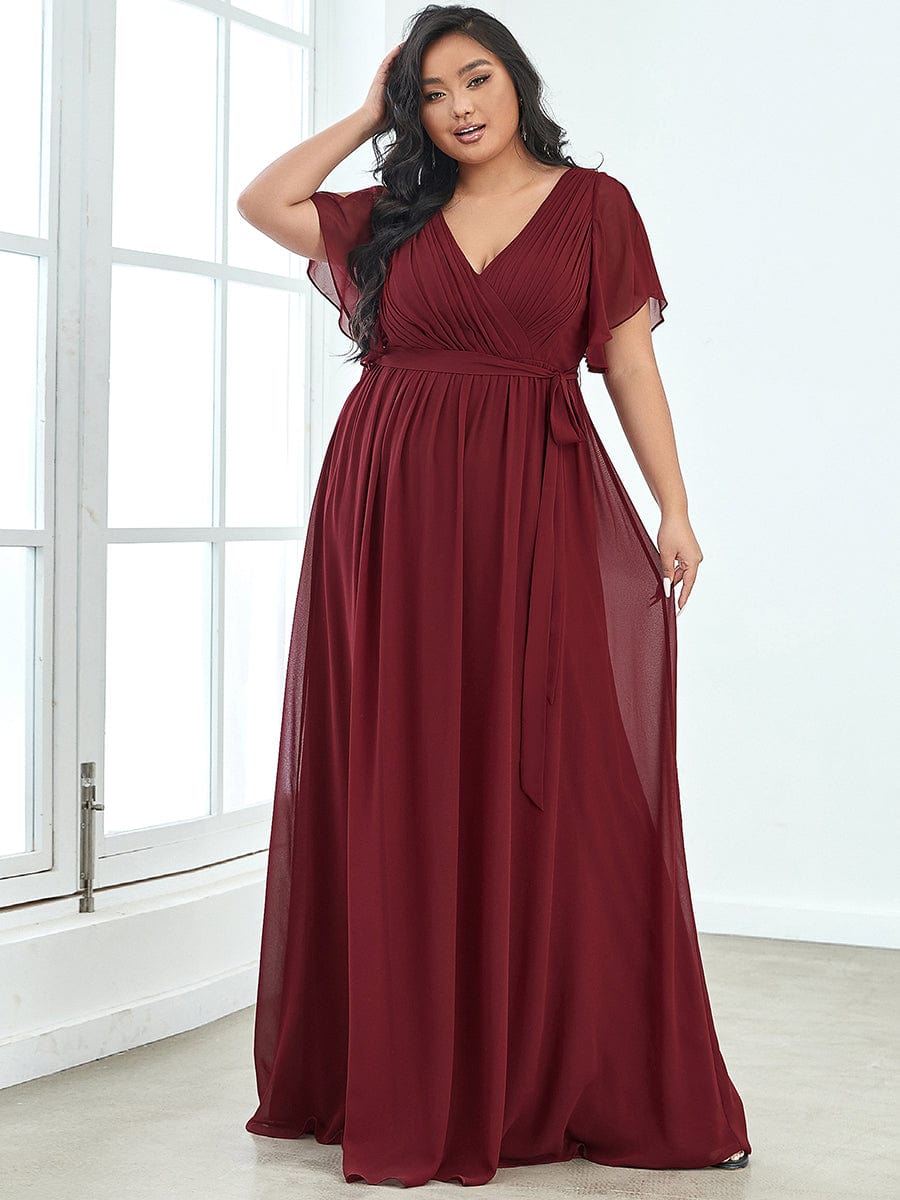 Plus Size Ruffle Pleated Chiffon Tie-Waist Evening Dress