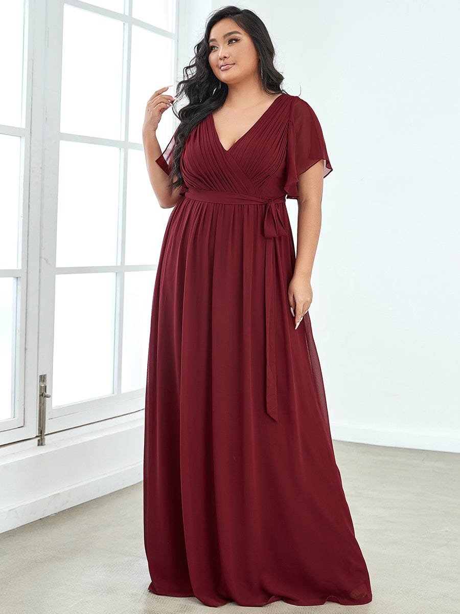 Plus Size Ruffle Pleated Chiffon Tie-Waist Evening Dress