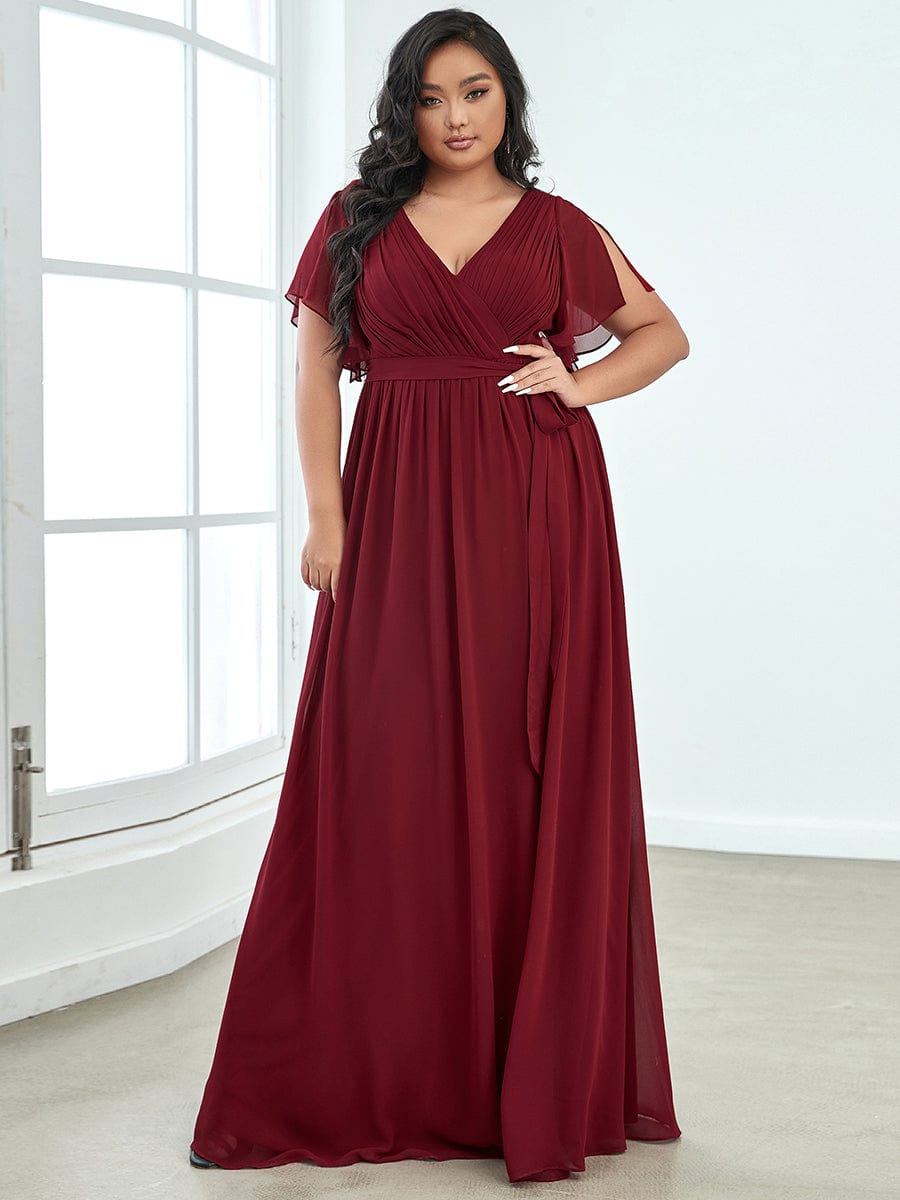 Plus Size Ruffle Pleated Chiffon Tie-Waist Evening Dress