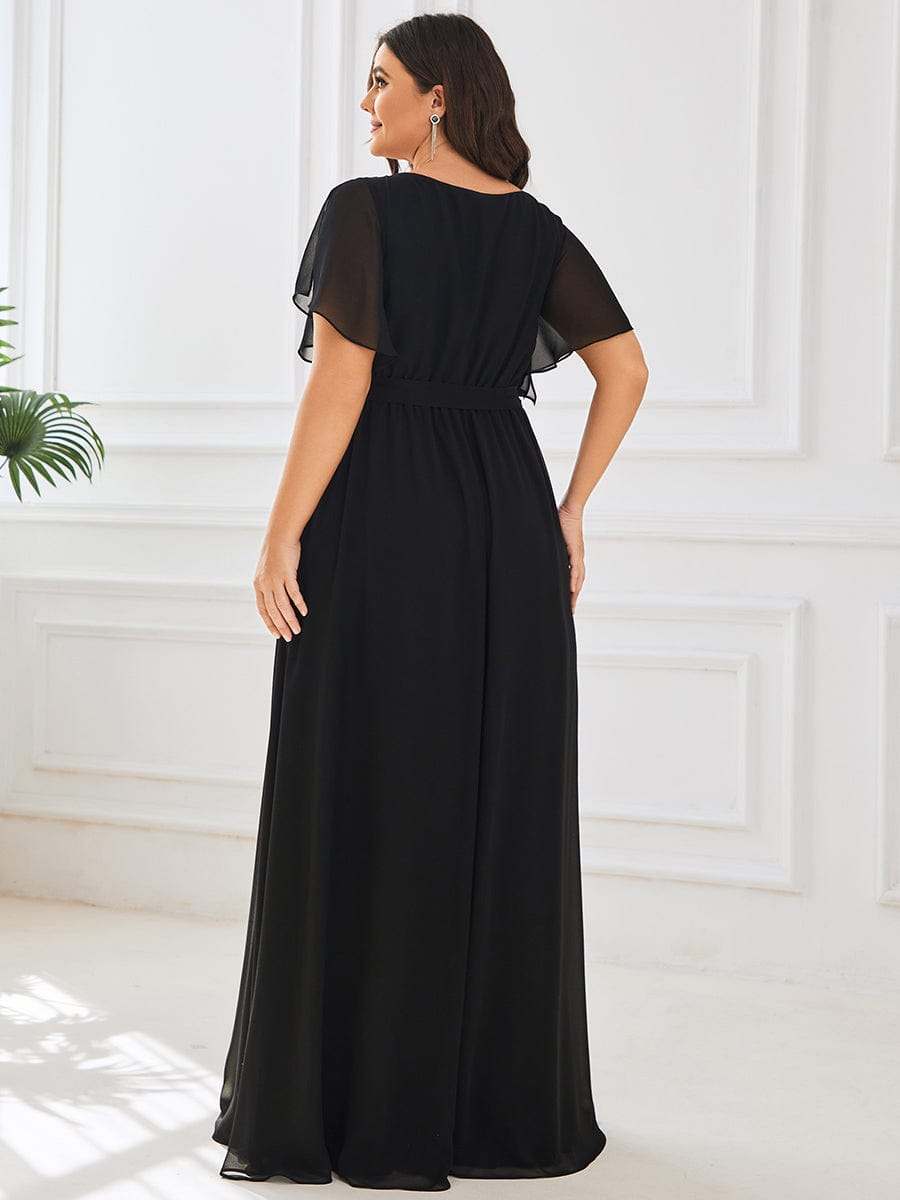 Plus Size Ruffle Pleated Chiffon Tie-Waist Evening Dress