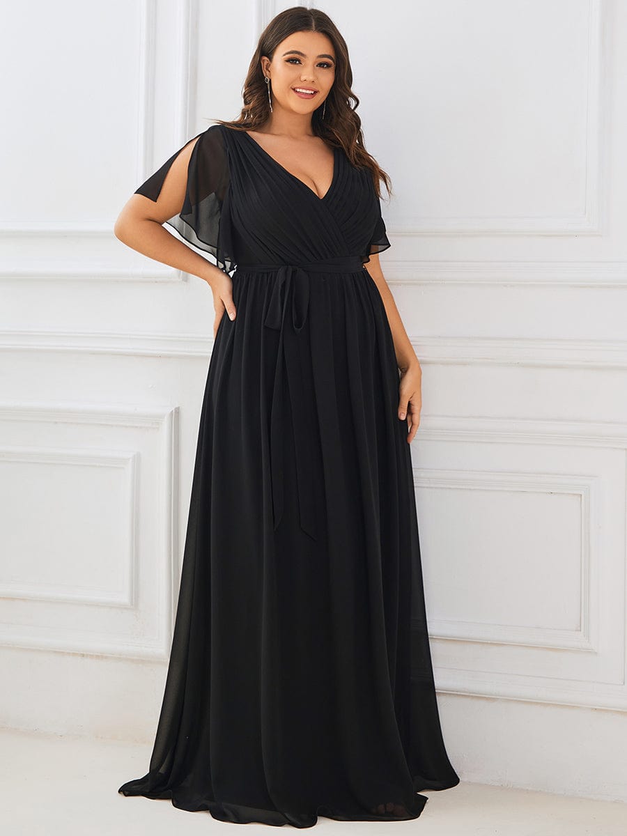 Plus Size Ruffle Pleated Chiffon Tie-Waist Evening Dress