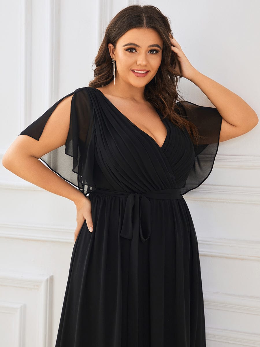 Plus Size Ruffle Pleated Chiffon Tie-Waist Evening Dress