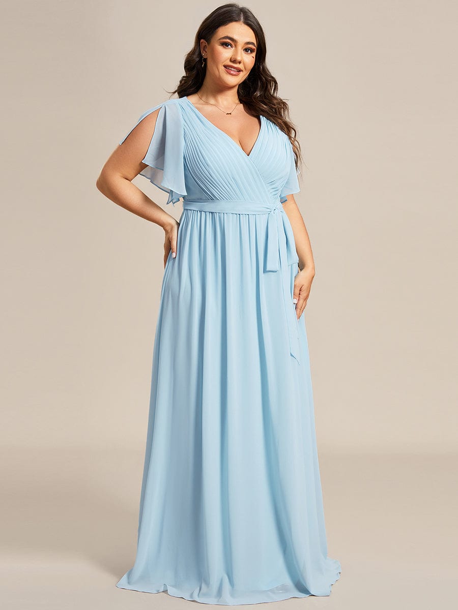 Plus Size Ruffle Pleated Chiffon Tie-Waist Evening Dress