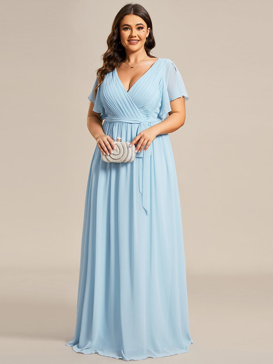 Plus Size Ruffle Pleated Chiffon Tie-Waist Evening Dress