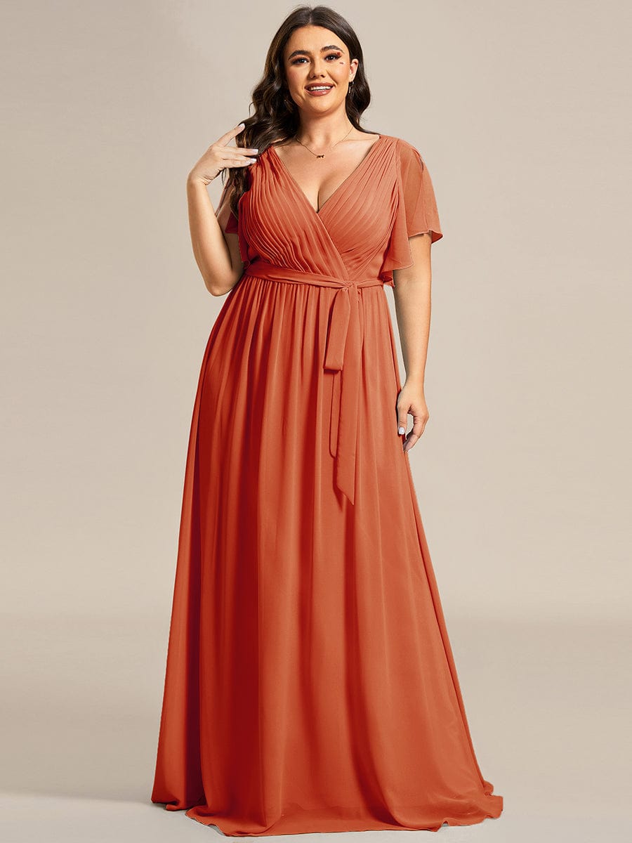 Plus Size Ruffle Pleated Chiffon Tie-Waist Evening Dress