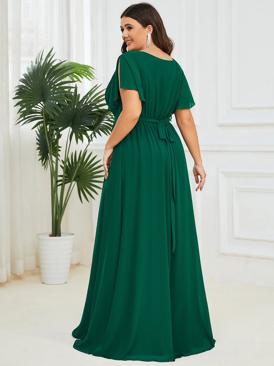 Plus Size Ruffle Pleated Chiffon Tie-Waist Evening Dress