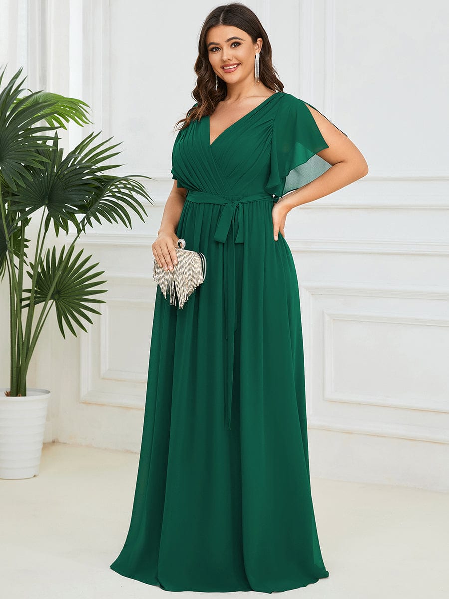 Plus Size Ruffle Pleated Chiffon Tie-Waist Evening Dress