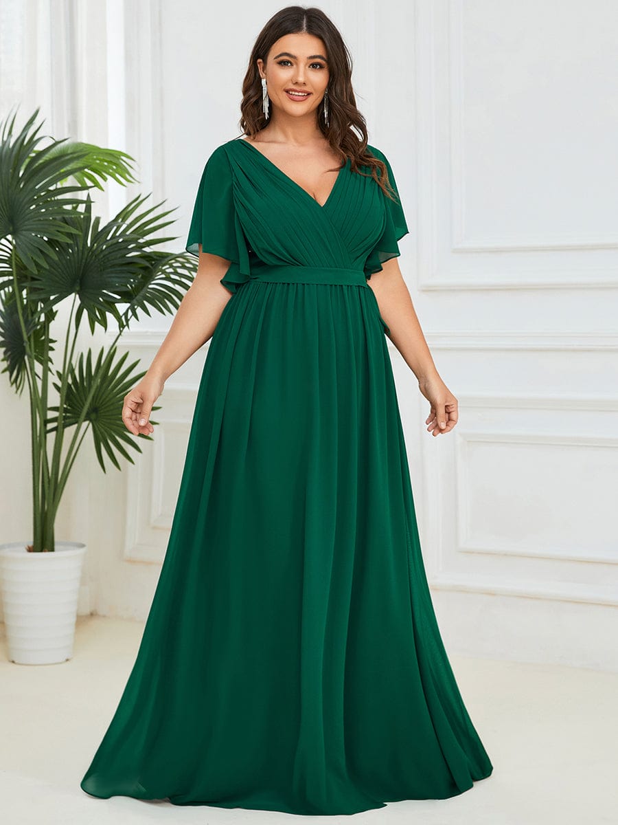 Plus Size Ruffle Pleated Chiffon Tie-Waist Evening Dress