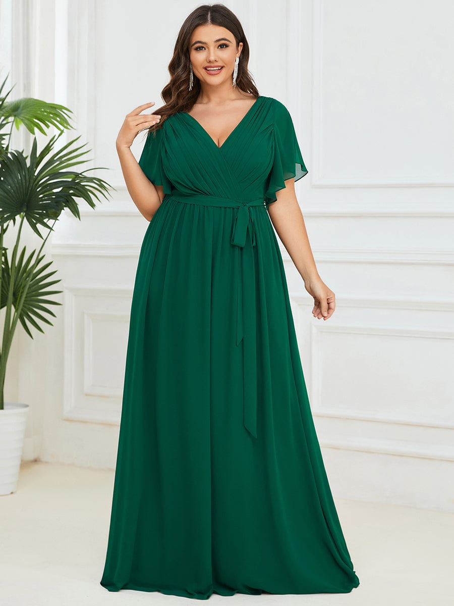 Plus Size Ruffle Pleated Chiffon Tie-Waist Evening Dress