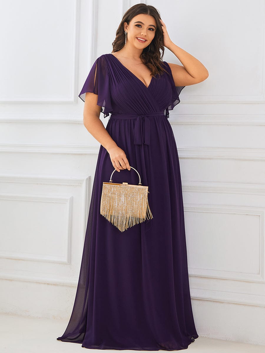 Plus Size Ruffle Pleated Chiffon Tie-Waist Evening Dress