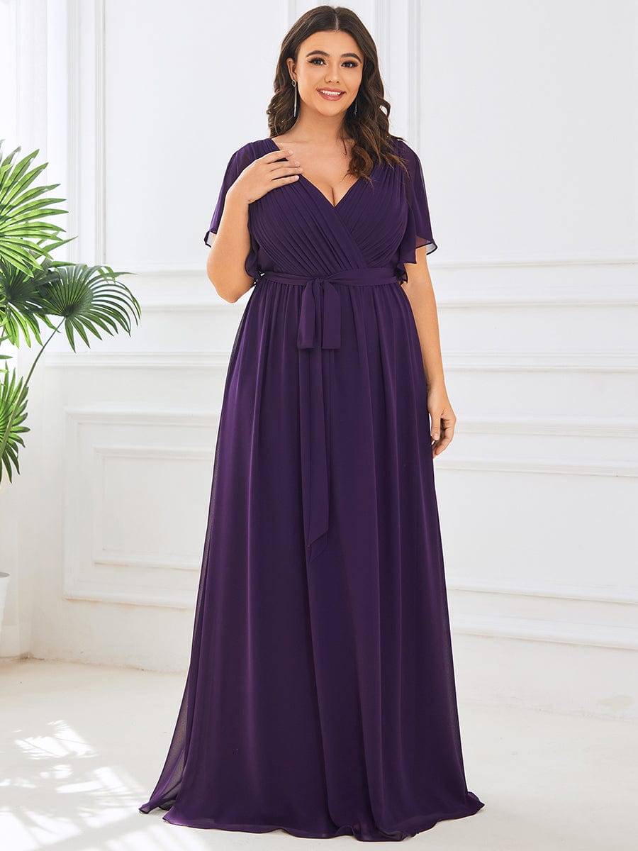 Plus Size Ruffle Pleated Chiffon Tie-Waist Evening Dress