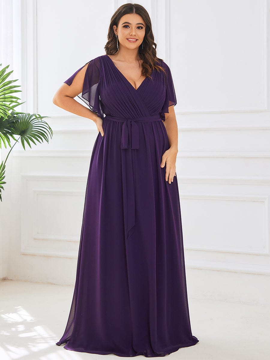 Plus Size Ruffle Pleated Chiffon Tie-Waist Evening Dress